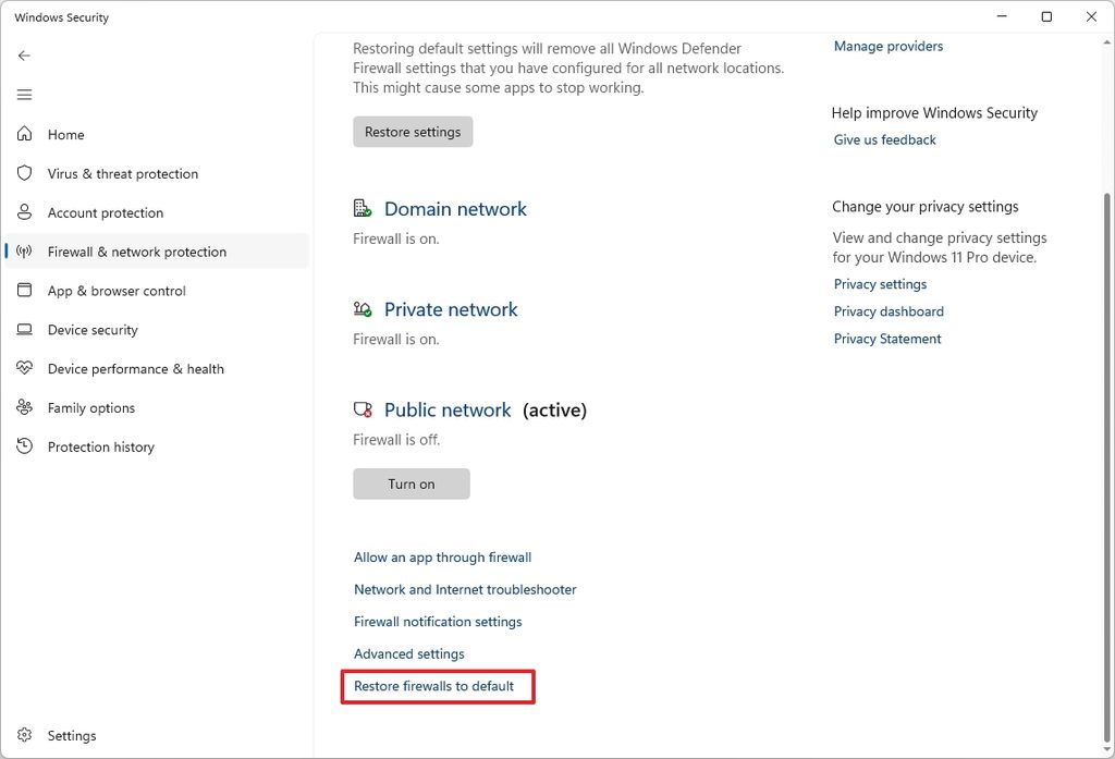 Restore firewalls to default