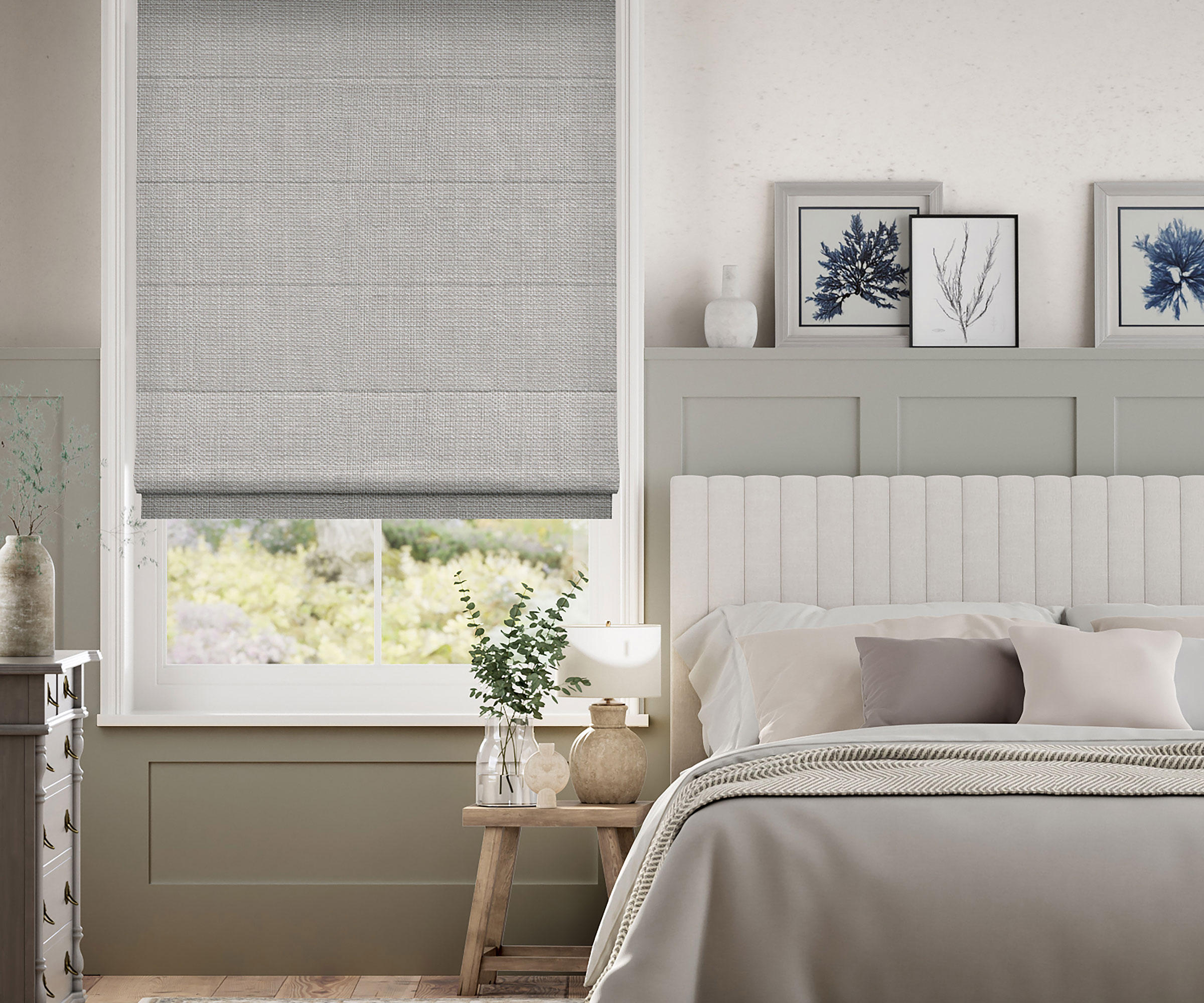 grey bedroom wall panelling with grey blind