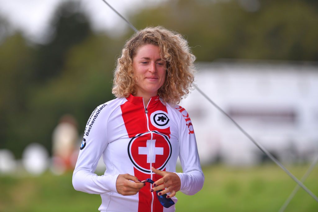 PLOUAY FRANCE AUGUST 24 Podium Marlen Reusser of Switzerland Bronze medal Celebration during the 26th UEC Road European Championships 2020 Womens Elite Individual Time Trial a 256km race from Plouay to Plouay ITT UECcycling EuroRoad20 on August 24 2020 in Plouay France Photo by Luc ClaessenGetty Images