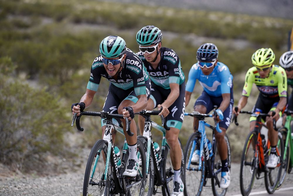 Pawel Poljanski (Bora-Hansgrohe) drives the bunch during stage 5 in san Juan