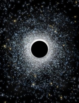 An artist's illustration of an intermediate-mass black hole in the foreground as it distorts light from a more distant globular star cluster in the background.