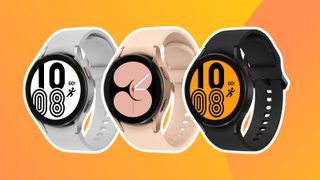 A product shot of various colours of the Samsung Galaxy Watch 4 on a colourful orange background with a white border