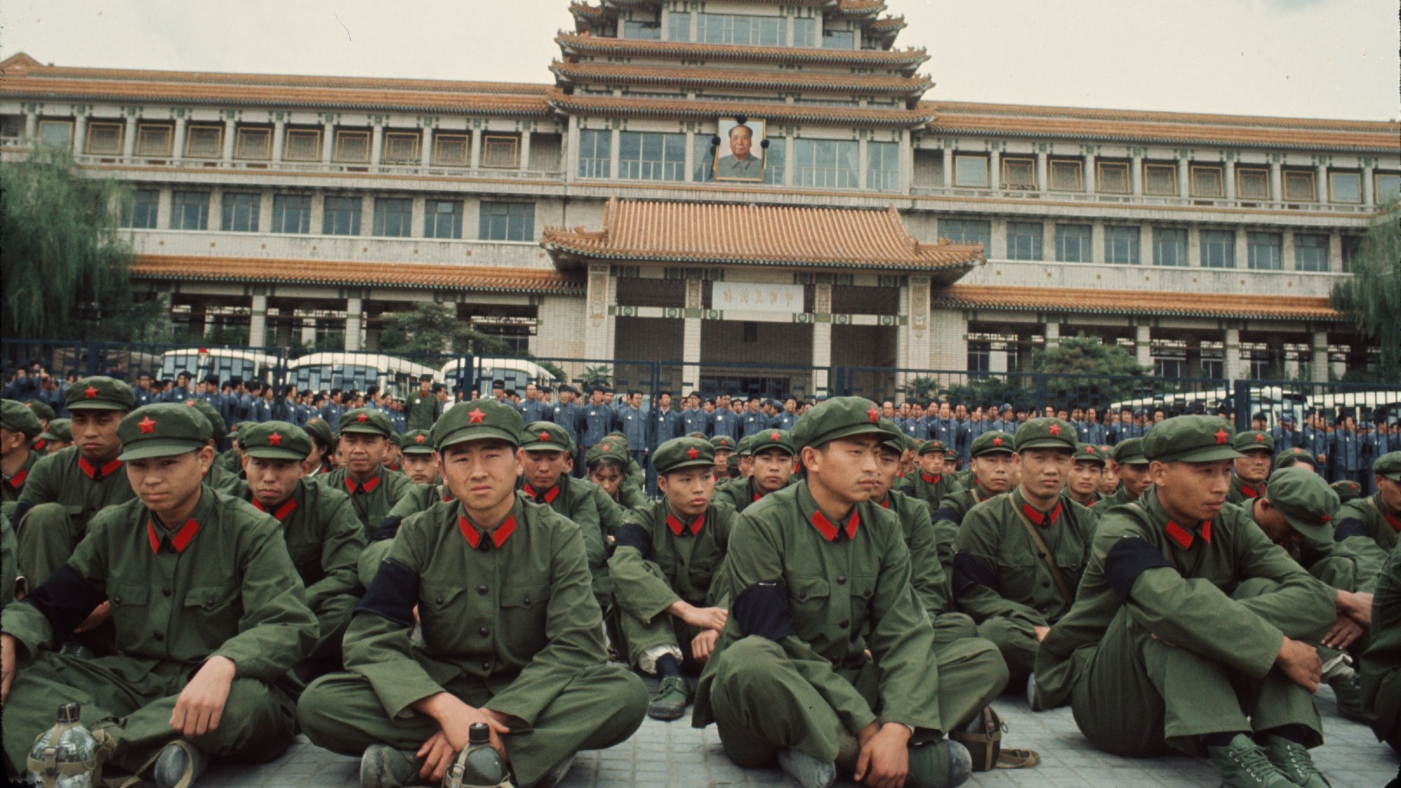 Chinese soldiers sat in Tiananmen Square