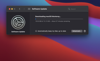 MacOS Monterey install process, showing Monterey download in progress