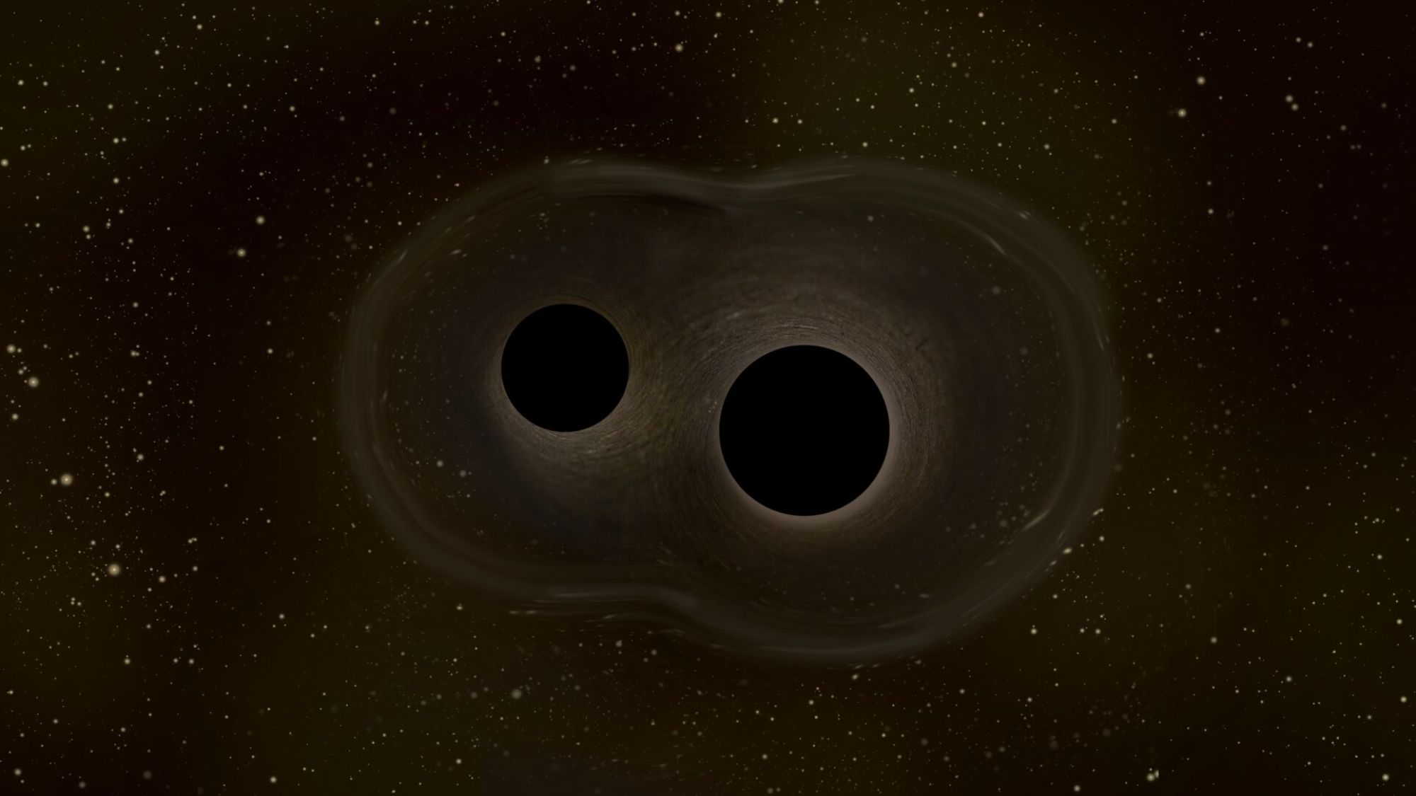 An illustration showing two black holes next to each other against a dark background.