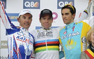 Men's podium: Joaquin Rodriguez Oliver (Team Katusha), Cadel Evans (BMC), Alberto Contador (Astana)