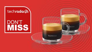 Two Nespresso coffee cups on red background with white text reading "TechRadar don't miss"