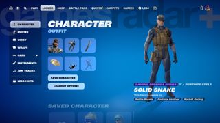 Fortnite screenshot showing Old Snake in the inventory screen