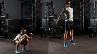 Man demonstrates two positions of the jump squat