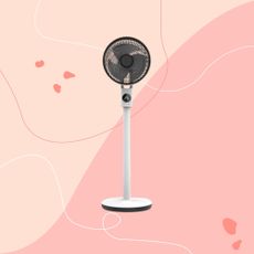 meaco pedestal fan on pink graphic background 2000x2000