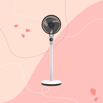 meaco pedestal fan on pink graphic background 2000x2000