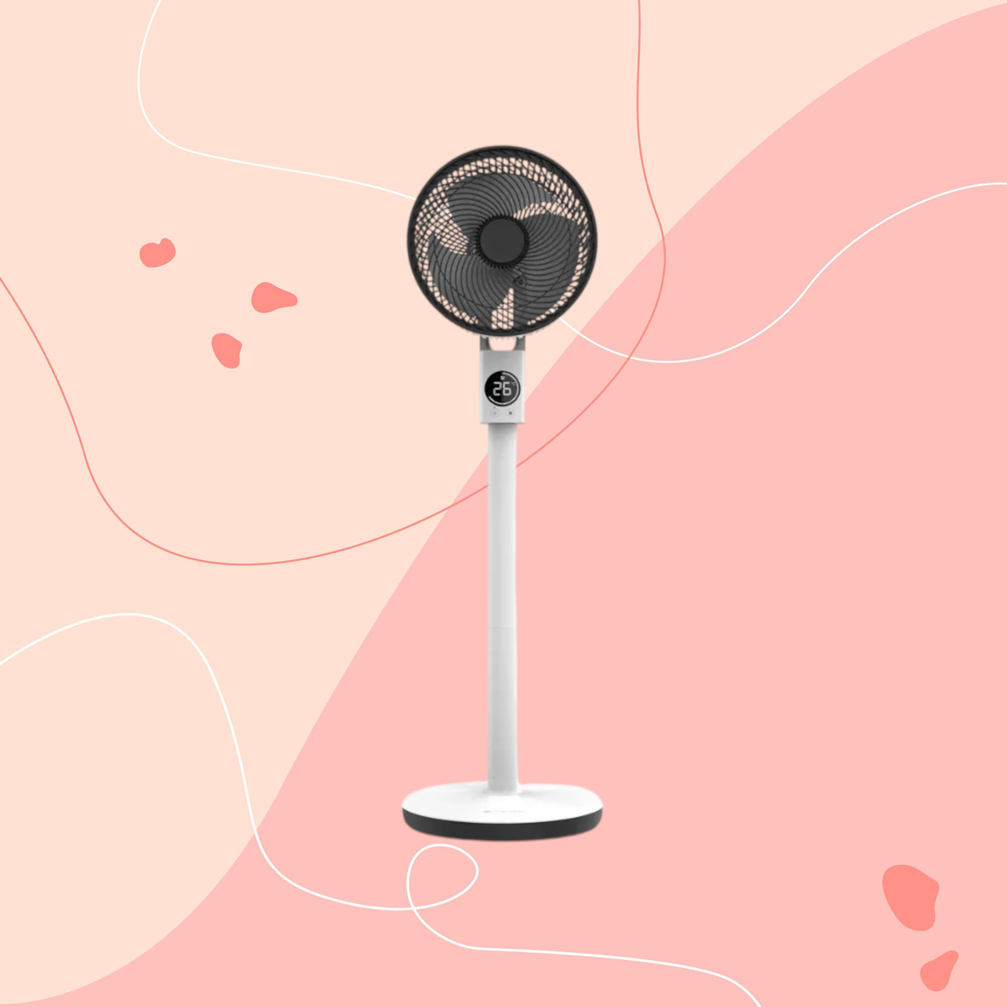 meaco pedestal fan on pink graphic background 2000x2000