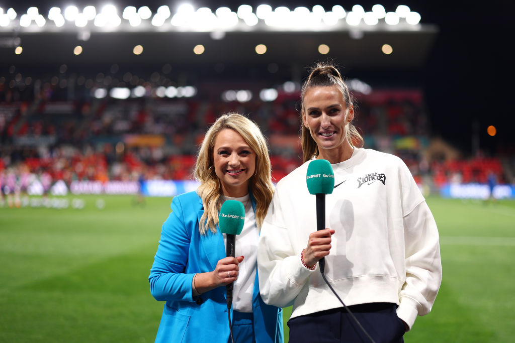 ADELAIDE, AUSTRALIA - AUGUST 01: Presenter Katie Shanahan and former England player Jill Scott pose for a photograph prior to the FIFA Women's World Cup Australia & New Zealand 2023 Group D match between China and England at Hindmarsh Stadium on August 01, 2023 in Adelaide, Australia. (Photo by Naomi Baker - The FA/The FA via Getty Images)