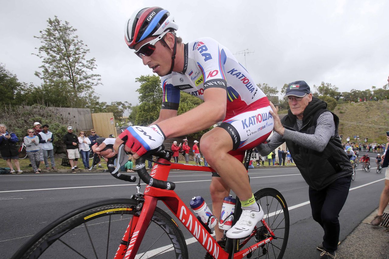 Rudiger Selig (Katusha) gets a helping hand
