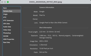 EXIF data from the Google Pixel 5a