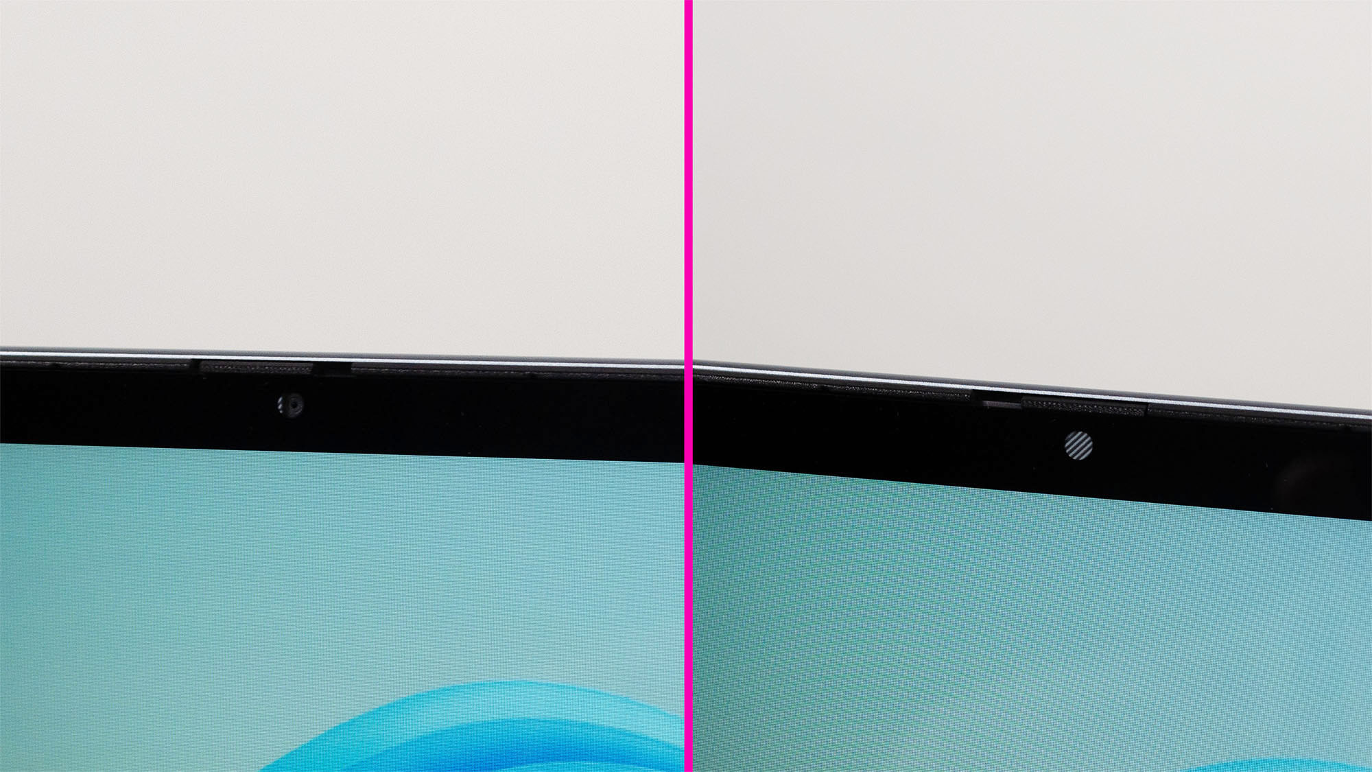 A side-by-side image of the Dell 14 Plus 2-in-1's webcam with and without its privacy shutter engaged