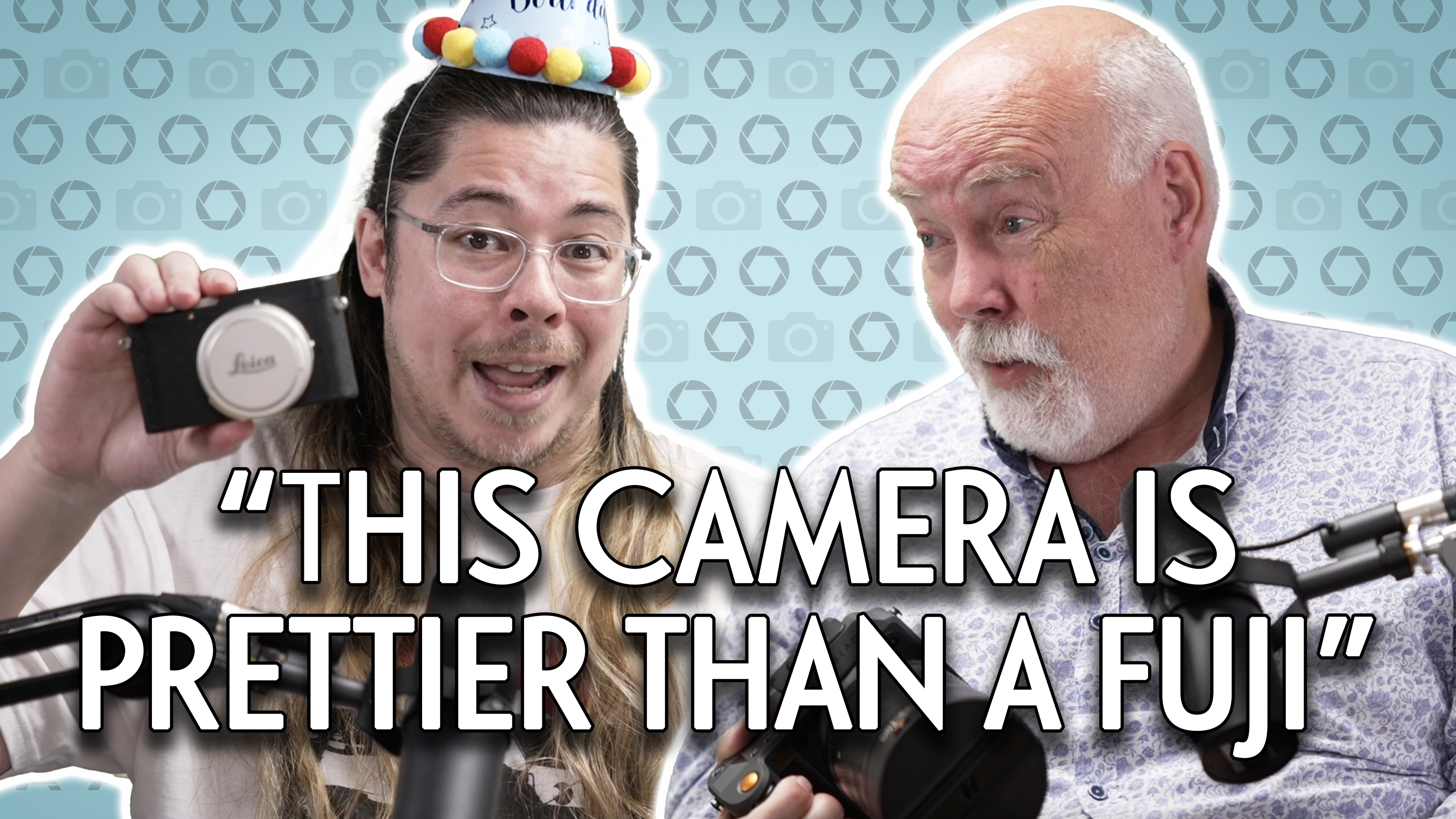 Thumbnail for Bokeh Face podcast, with presenters James and Chris, featuring the text "This camera is prettier than a Fuji"
