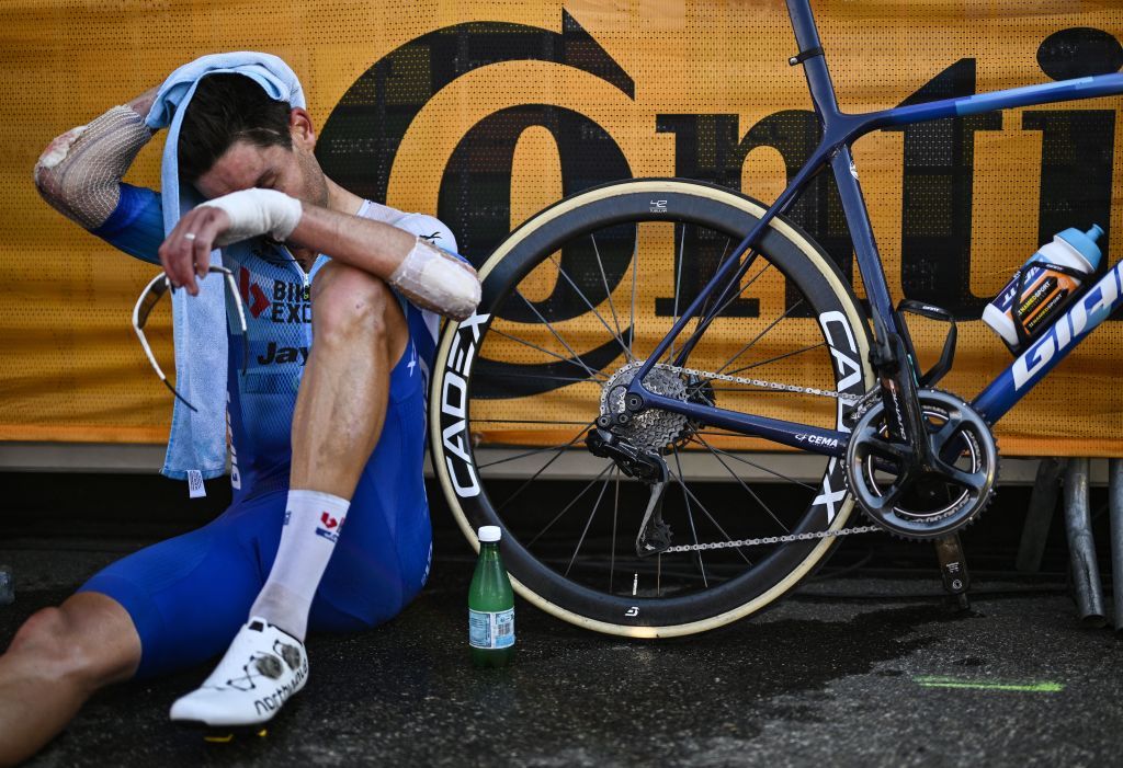 Team BikeexchangeJayco teams New Zealander rider Jack Bauer reacts after the 18th stage of the 109th edition of the Tour de France cycling race 1432 km between Lourdes and Hautacam in the Pyrenees mountains in southwestern France on July 21 2022 Photo by Marco BERTORELLO AFP Photo by MARCO BERTORELLOAFP via Getty Images
