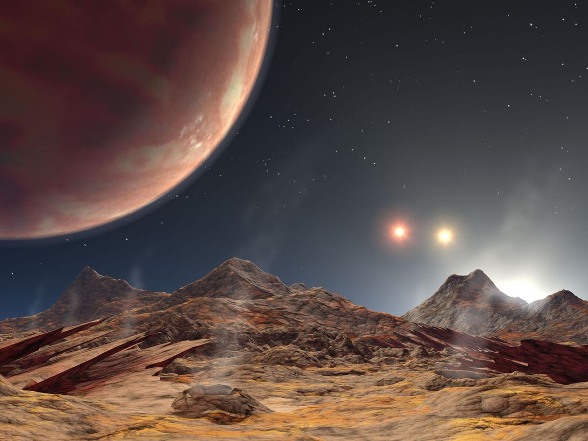 An artist&#039;s depiction of the view from a moon&#039;s surface of a gas giant and three suns.