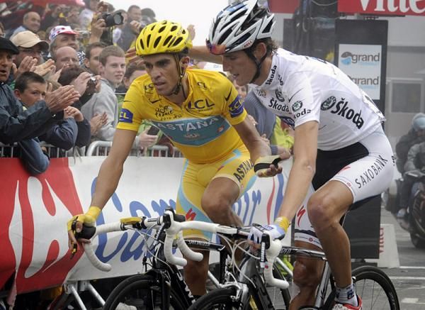 Alberto Contador and Andy Schleck shake hands after the finish.