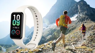 Two people running on mountain trail with Amazfit Band 7 watch superimposed on top