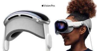 A lady in profile wears the Apple Vision Pro headset