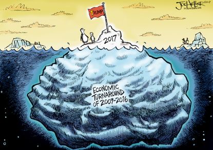 Political cartoon U.S. Trump economy success jobs iceberg