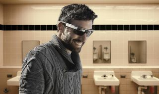 Man wearing google glass in the bathroom