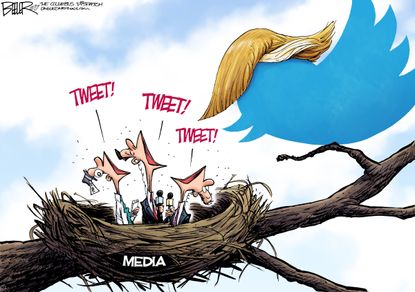 Political cartoon U.S. Trump tweets media news cycle