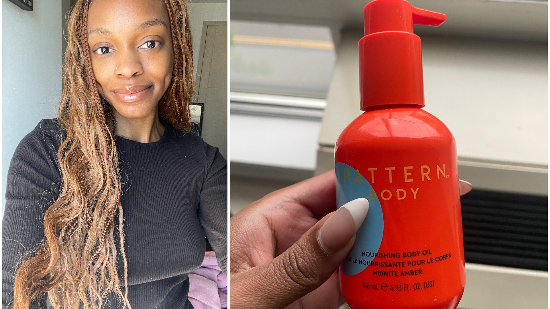 a selfie and a bottle of body oil