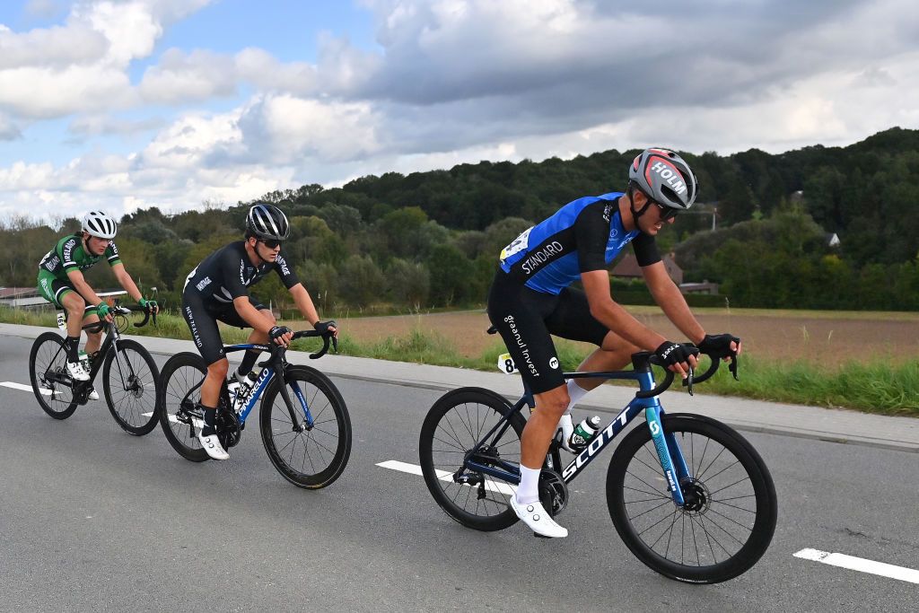 LEUVEN BELGIUM SEPTEMBER 24 LR Adam Ward of Ireland Gleb Karpenko of Estonia and Logan Currie of New Zealand compete in the breakaway during the 94th UCI Road World Championships 2021 Men U23 Road Race a 1609km race from Antwerp to Leuven flanders2021 on September 24 2021 in Leuven Belgium Photo by Dirk Waem PoolGetty Images