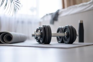 A pair of dumbbells and a yoga mat
