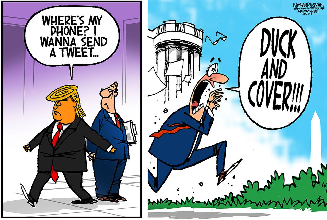 Political cartoon U.S. Trump tweets duck and cover