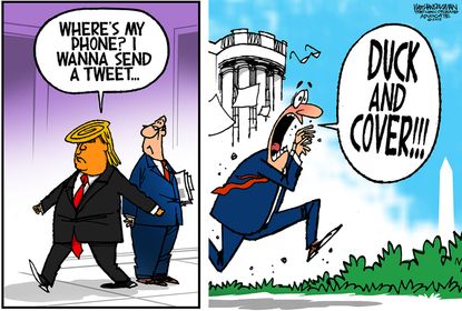 Political cartoon U.S. Trump tweets duck and cover