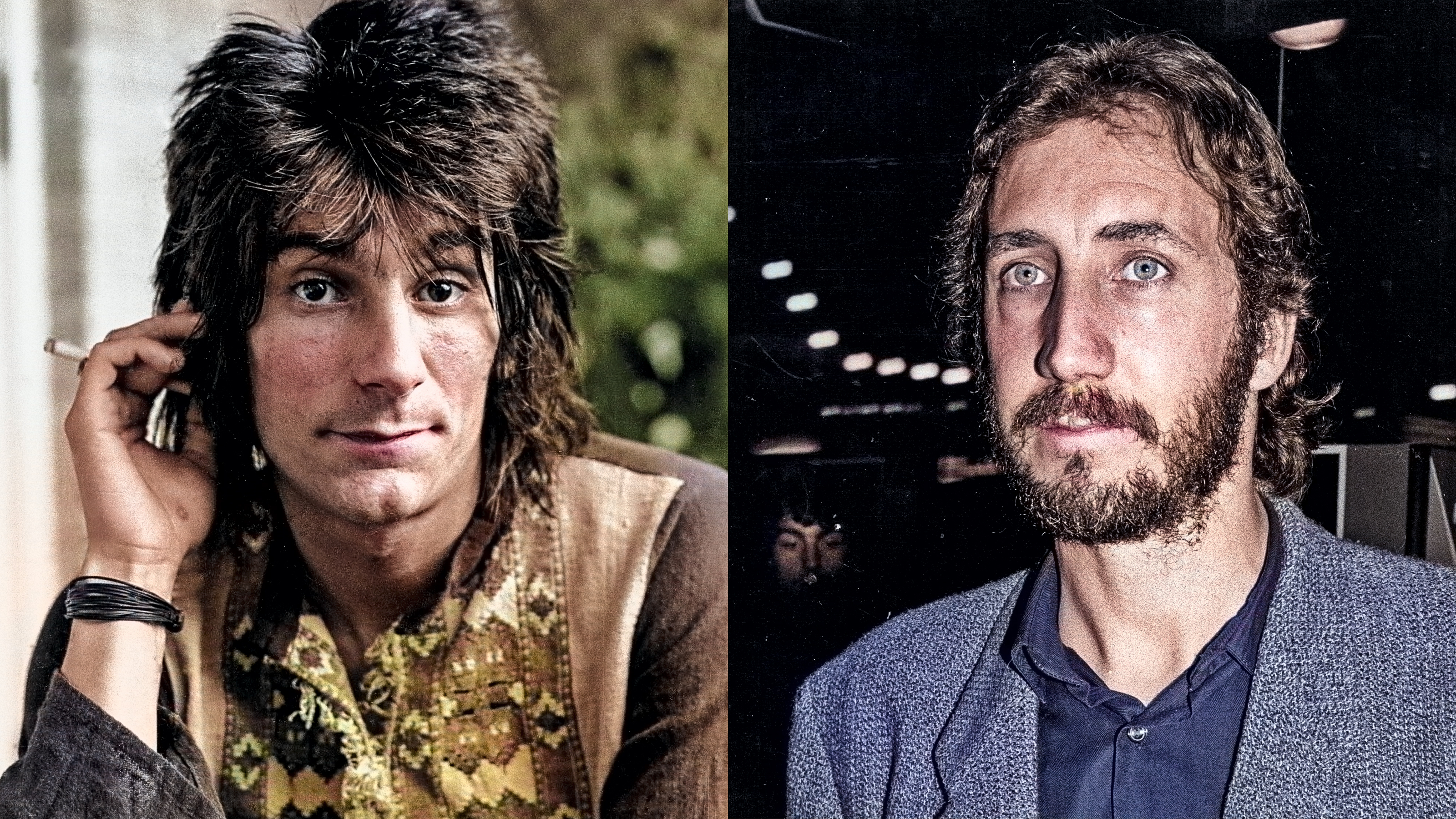 LEFT: Musician/Singer/Songwriter Ron Wood in his suite at Beverly Wilshire Hotel after it was announced he would join The Rolling Stones Beverly Hills, CA 1974. RIGHT: Guitarist and songwriter Pete Townshend, founder member of The Who, arriving at the premiere of the film 'Quadrophenia', directed by Alan Parker, for which Townshend composed the soundtrack. 17th August 1979