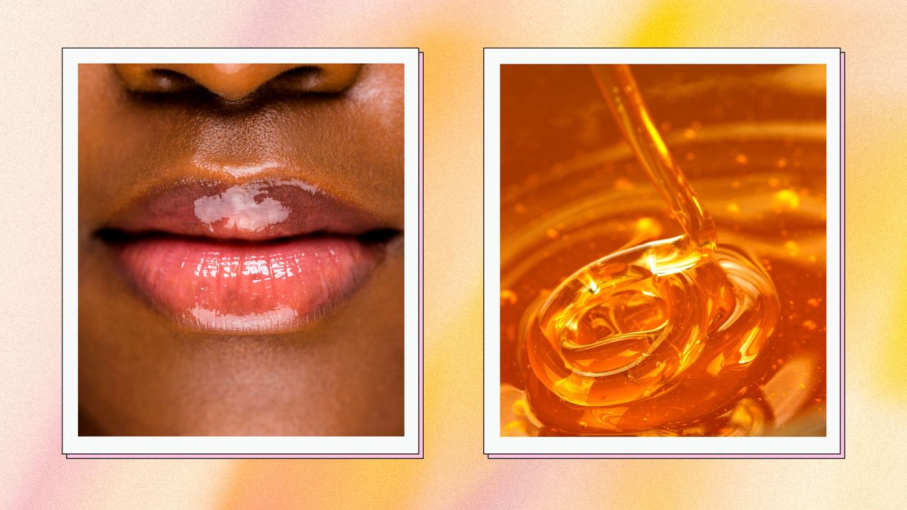 A picture of a women&#039;s lips with lip gloss, alongside a picture of drizzling honey - to demonstrate the TikTok &#039;honey lips&#039; trend/ in a pink and yellow gradient template