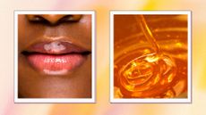 A picture of a women's lips with lip gloss, alongside a picture of drizzling honey - to demonstrate the TikTok 'honey lips' trend/ in a pink and yellow gradient template