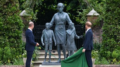 london, england july 01 prince william, duke of cambridge left and prince harry, duke of sussex unveil a statue they commissioned of their mother diana, princess of wales, in the sunken garden at kensington palace, on what would have been her 60th birthday on july 1, 2021 in london, england today would have been the 60th birthday of princess diana, who died in 1997 at a ceremony here today, her sons prince william and prince harry, the duke of cambridge and the duke of sussex respectively, will unveil a statue in her memory photo by dominic lipinski wpa poolgetty images