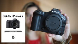 Canon EOS R5 MK II manual cover next to James Artaius holding the camera