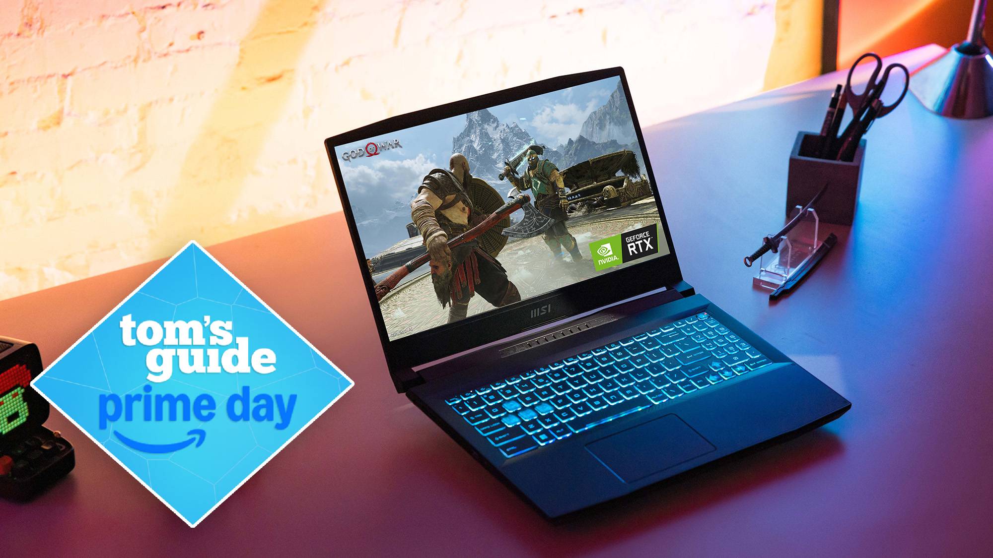 MSI Katana 15 on table with Tom's Guide Prime Day badge