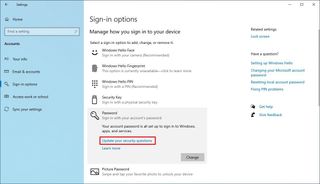 Windows 10 Update Security Questions option