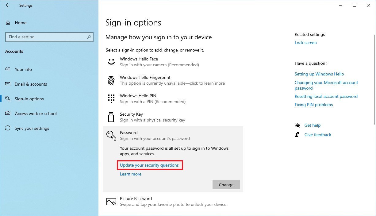 Windows 10 Update Security Questions option