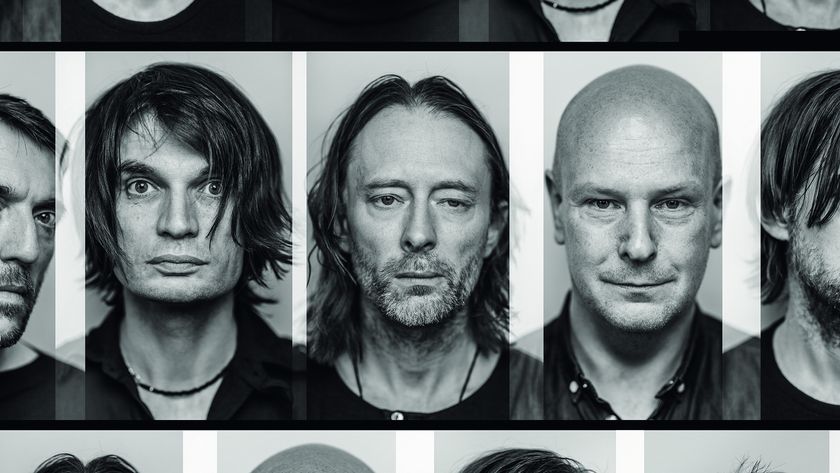 A black and white image of the band Radiohead