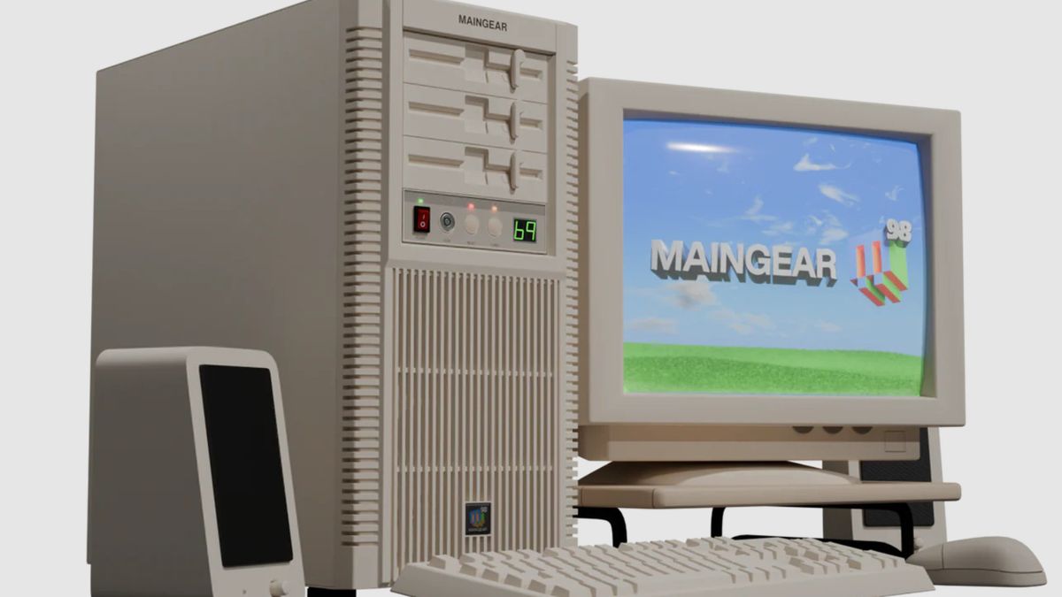 पुरानो विद्यालयको मनिटर, किबोर्ड, माउस र स्पिकरको साथ देखाइएको Maingear Retro98 PC