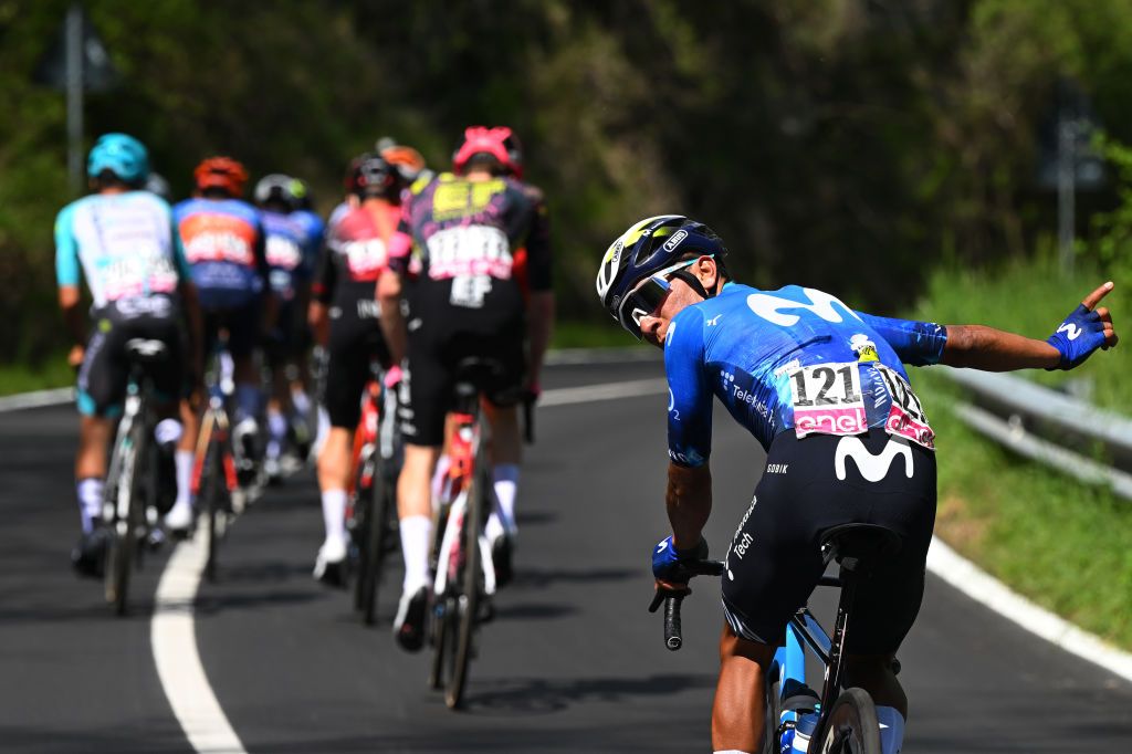 PRATI DI TIVO ITALY MAY 11 Nairo Quintana of Colombia and Movistar Team asks for assistance in the breakaway during the 107th Giro dItalia 2024 Stage 8 a 152km stage from Spoleto to Prati di Tivo 1451m UCIWT on May 11 2024 in Prati di Tivo Italy Photo by Tim de WaeleGetty Images