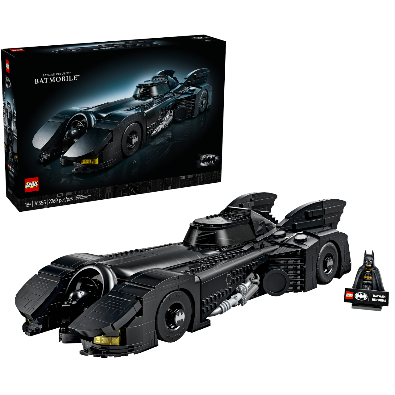 Lego Batman Returns Batmobile set and box on a plain background