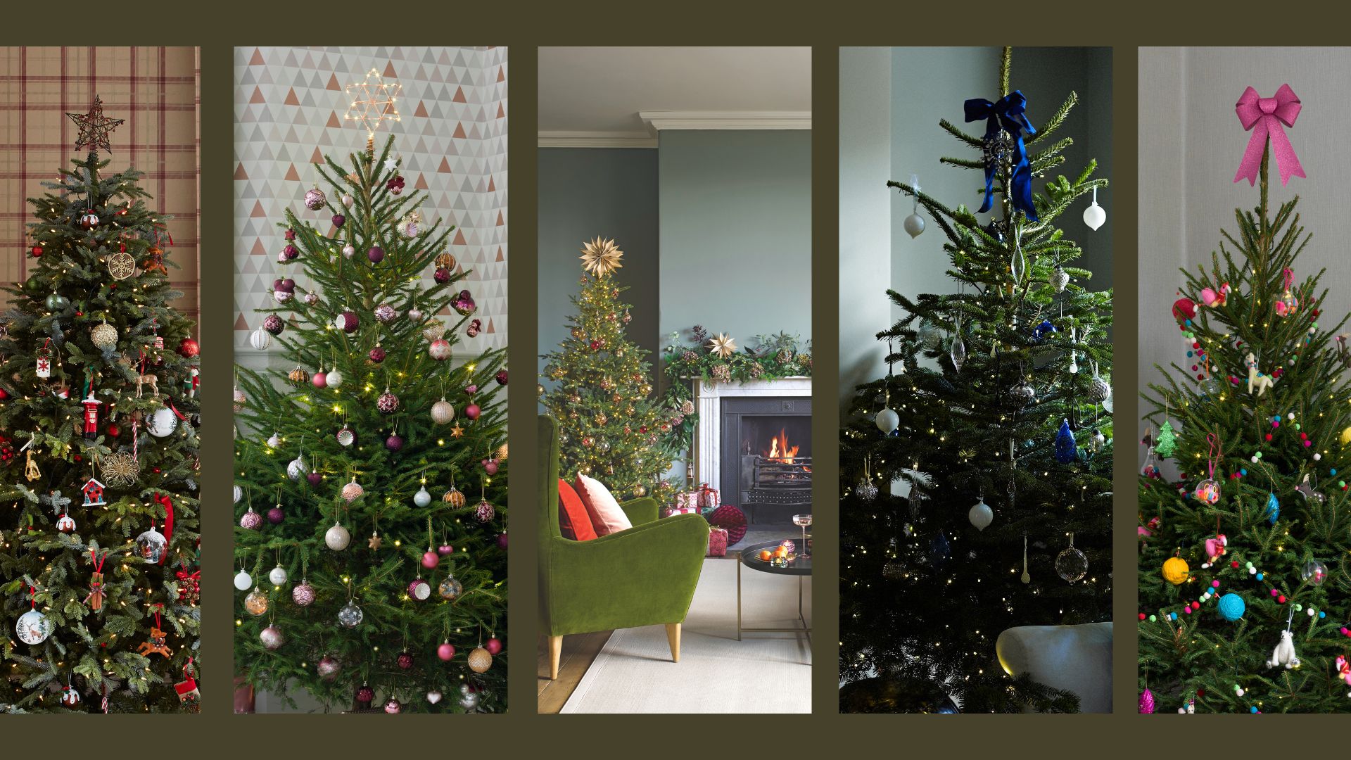 Compilation image of five Christmas trees with Christmas tree toppers