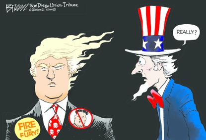 Political cartoon U.S. Trump Kim Jong Un nuclear threat Uncle Sam
