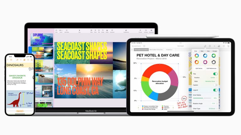 Apple iWork apps being shown on iPhone, iPad and MacBook