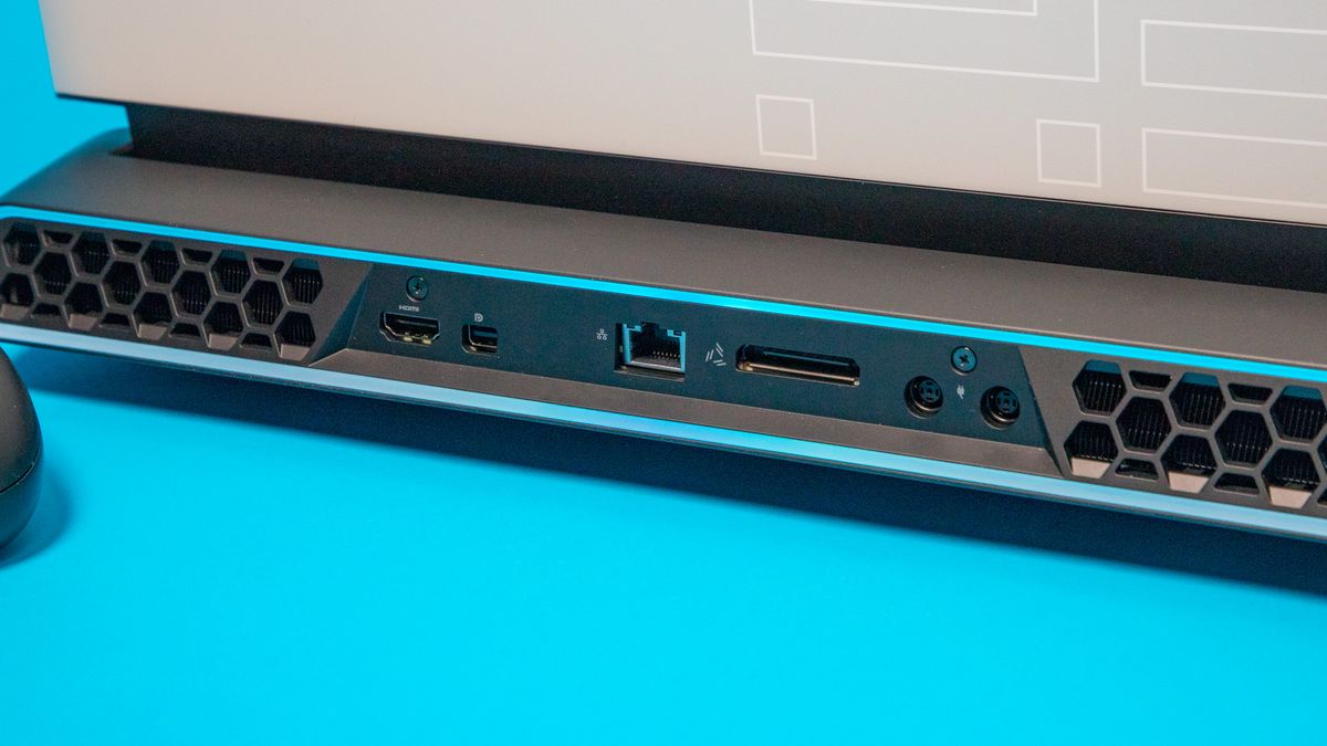 Mini DisplayPort, HDMI, Ethernet, an Alienware Graphics Amplifier and power inputs in the back of the Alienware Area-51m.